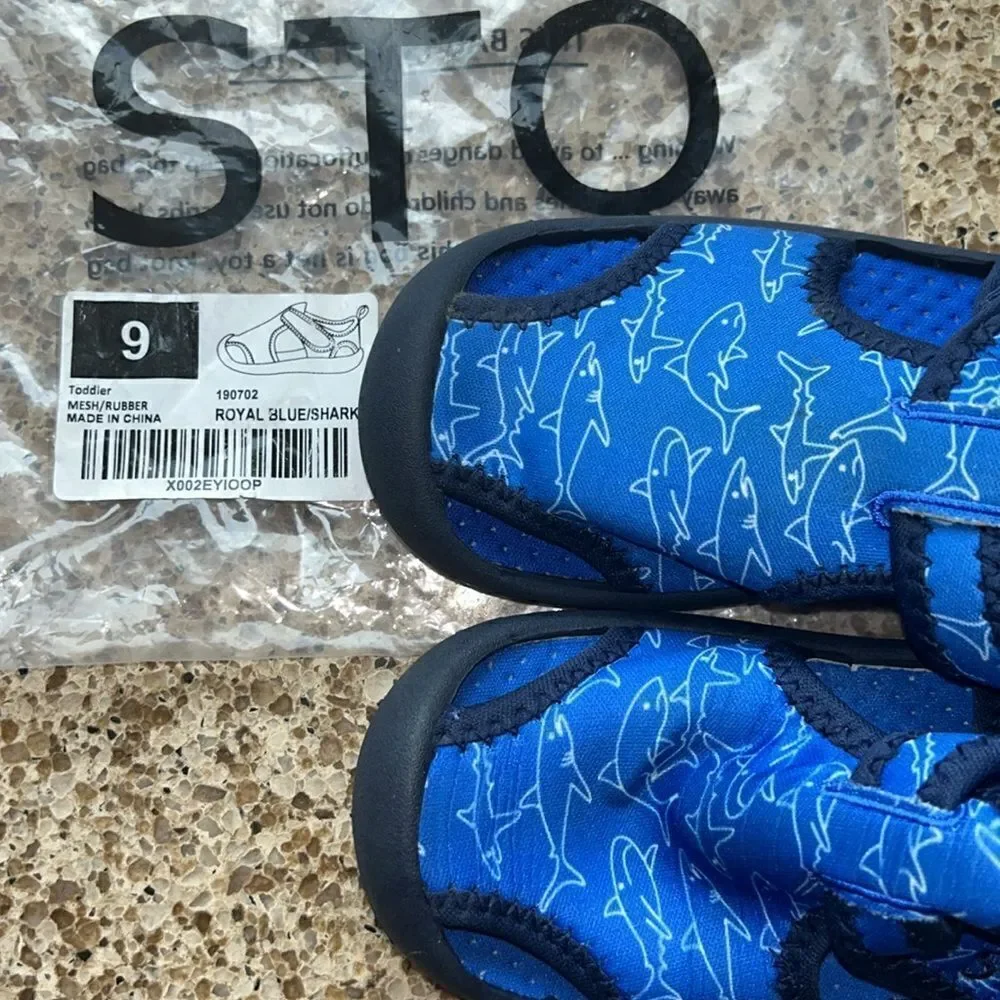 Royal 👸🫅 Blue 🌊 Shark 🦈 Print Mesh & Rubber Beach 🏖️ Sandals🩴 Grip Velcro